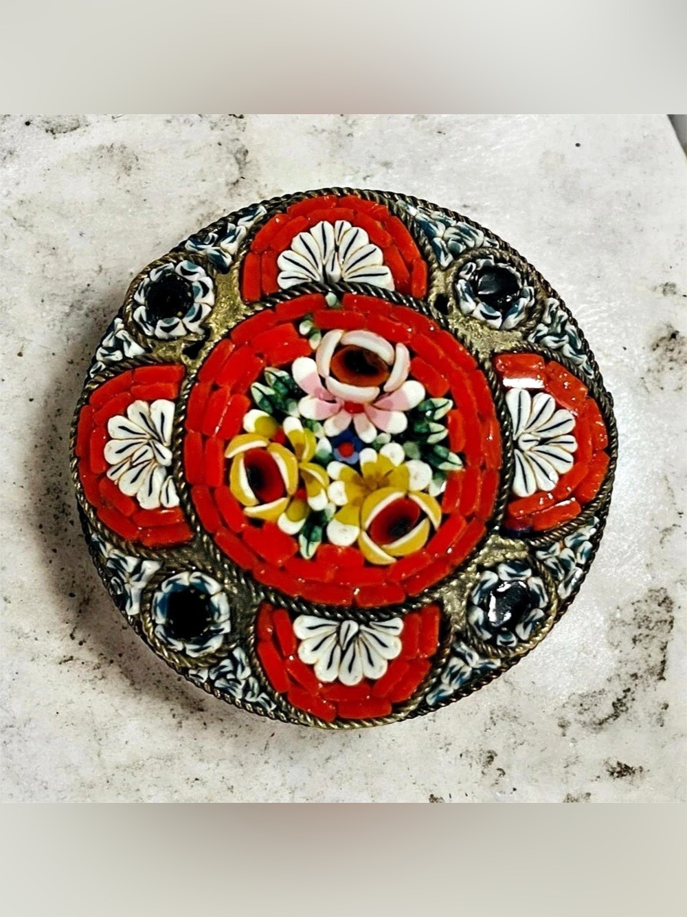 Vintage Italian Micro Mosaic Brooch Floral Glass Tesserae Round Pin Made in Ital
